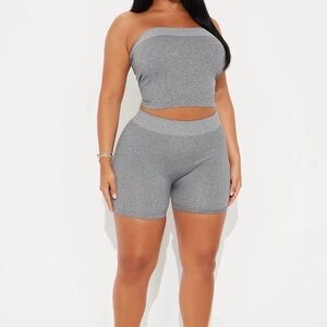Fashion Nova Grey Two-Piece Tube Top and Bike Shorts Set